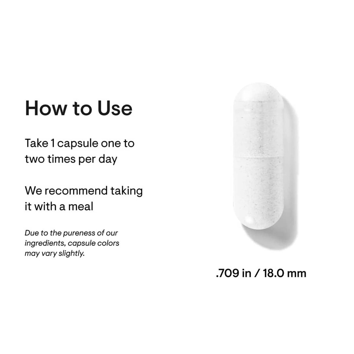White zinc picolinate capsule with size marking .709 in / 18.0 mm