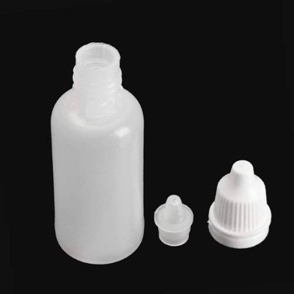 White empty plastic dropper bottle set with ribbed caps, including small nozzle