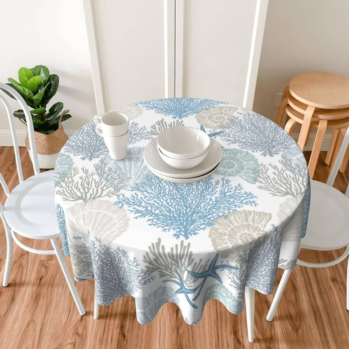 Round dining tablecloth with blue and beige coastal coral and starfish design