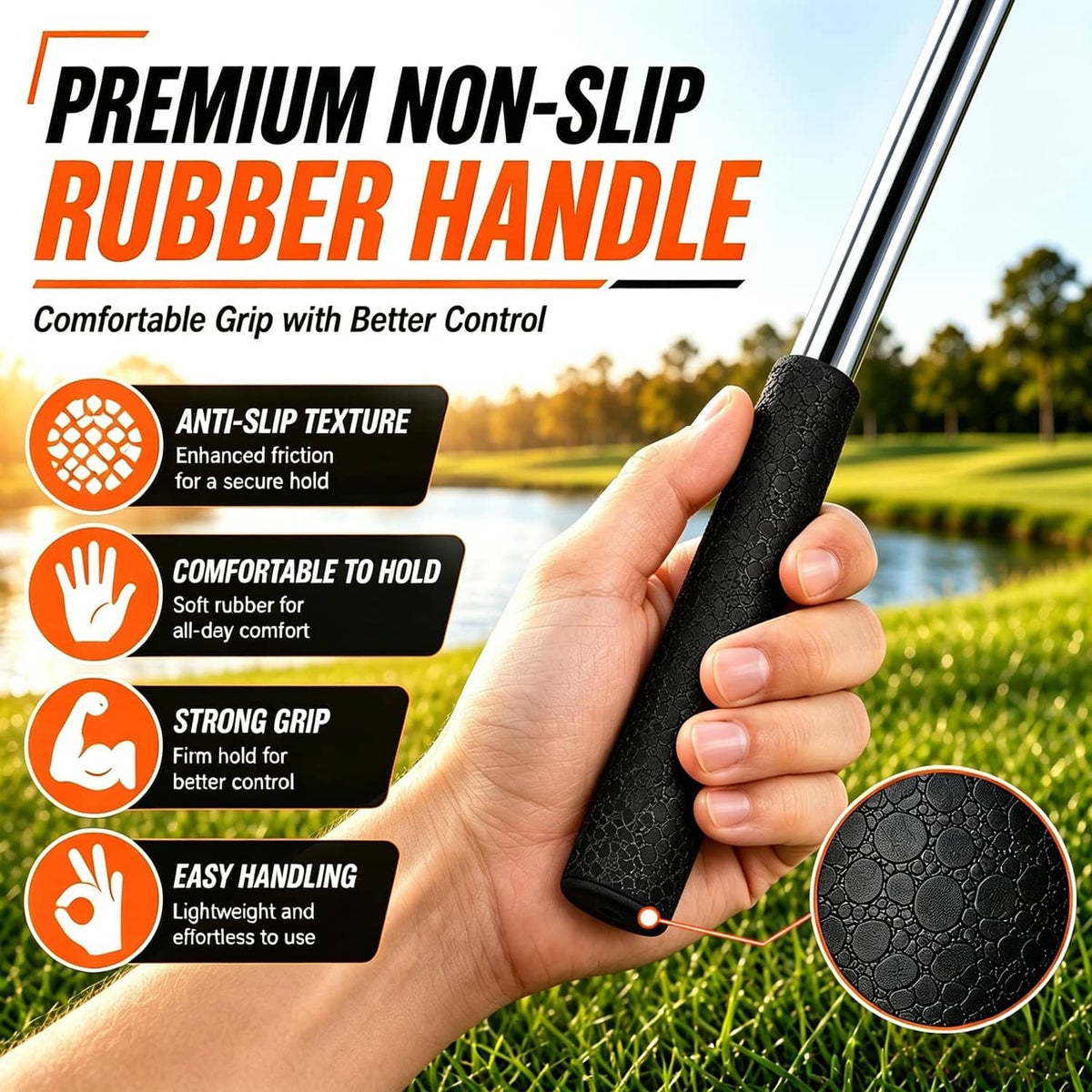Hand holding black textured rubber grip of a telescopic golf ball retriever