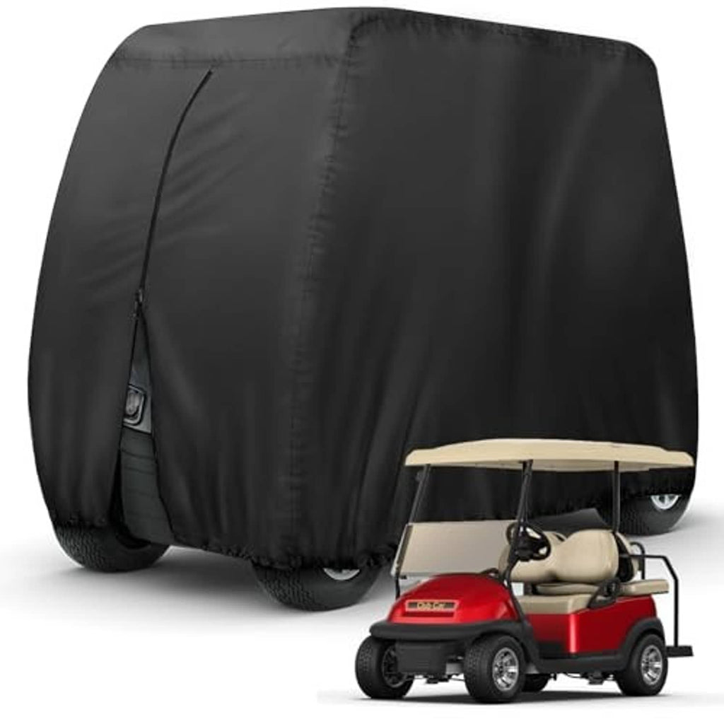 Black golf cart cover draped over the full cart, with front seats covered