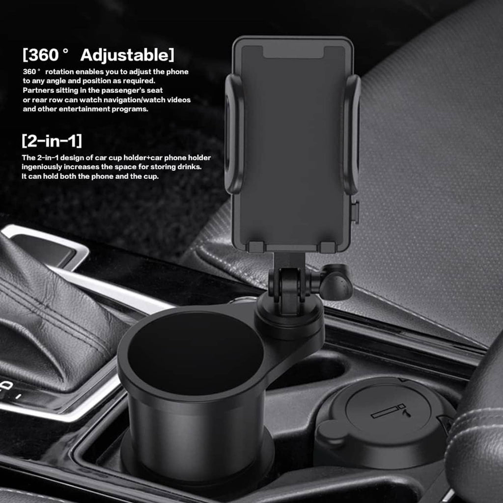 Black universal car phone holder with adjustable grip over a cup drink holder