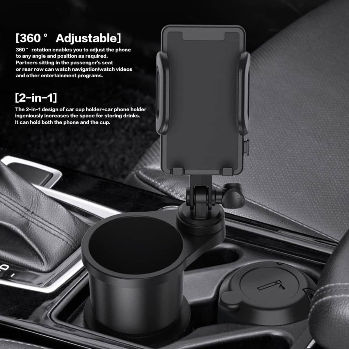 Black universal car phone holder with adjustable grip over a cup drink holder
