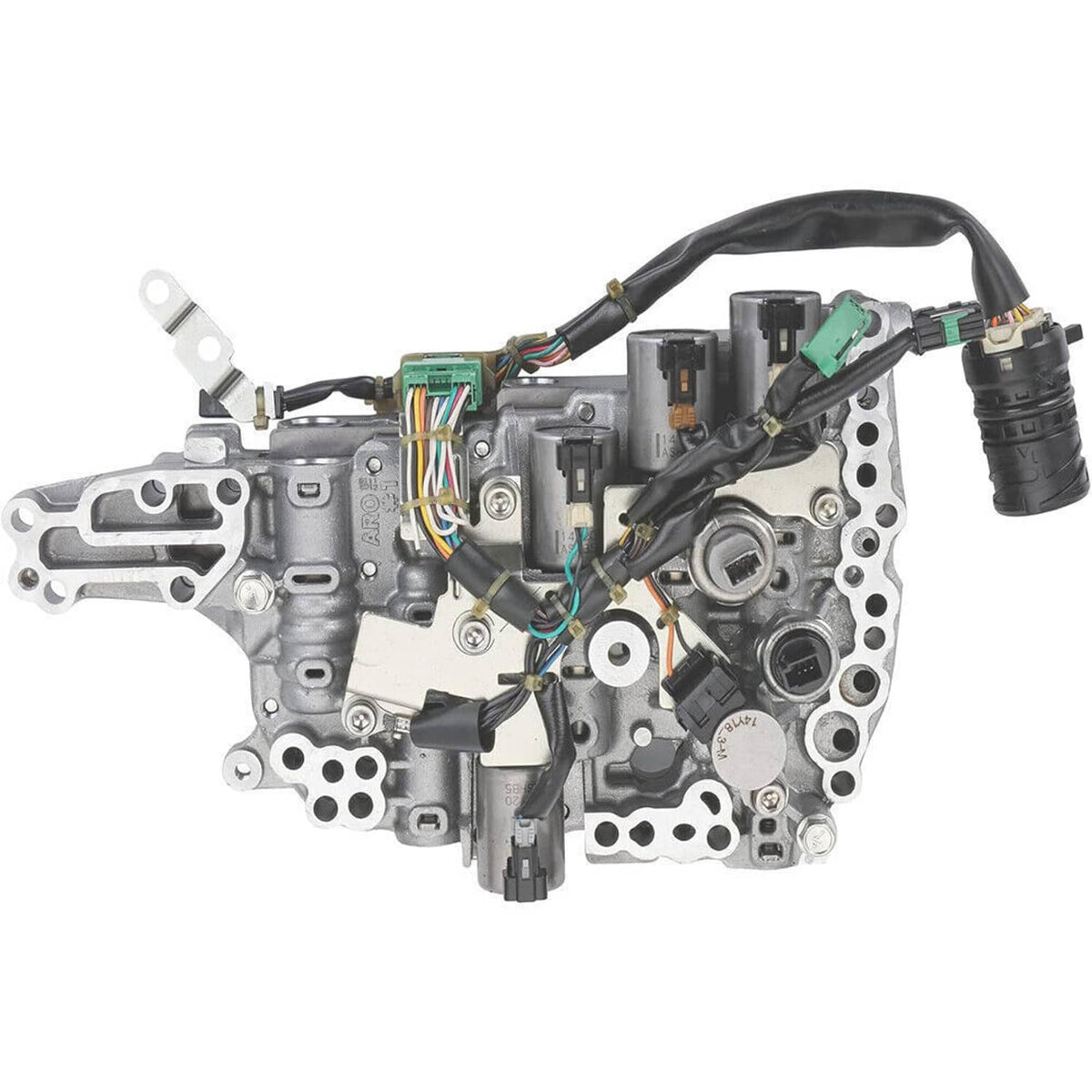 CVT transmission valve body assembly with solenoids and wiring harness, metal housing