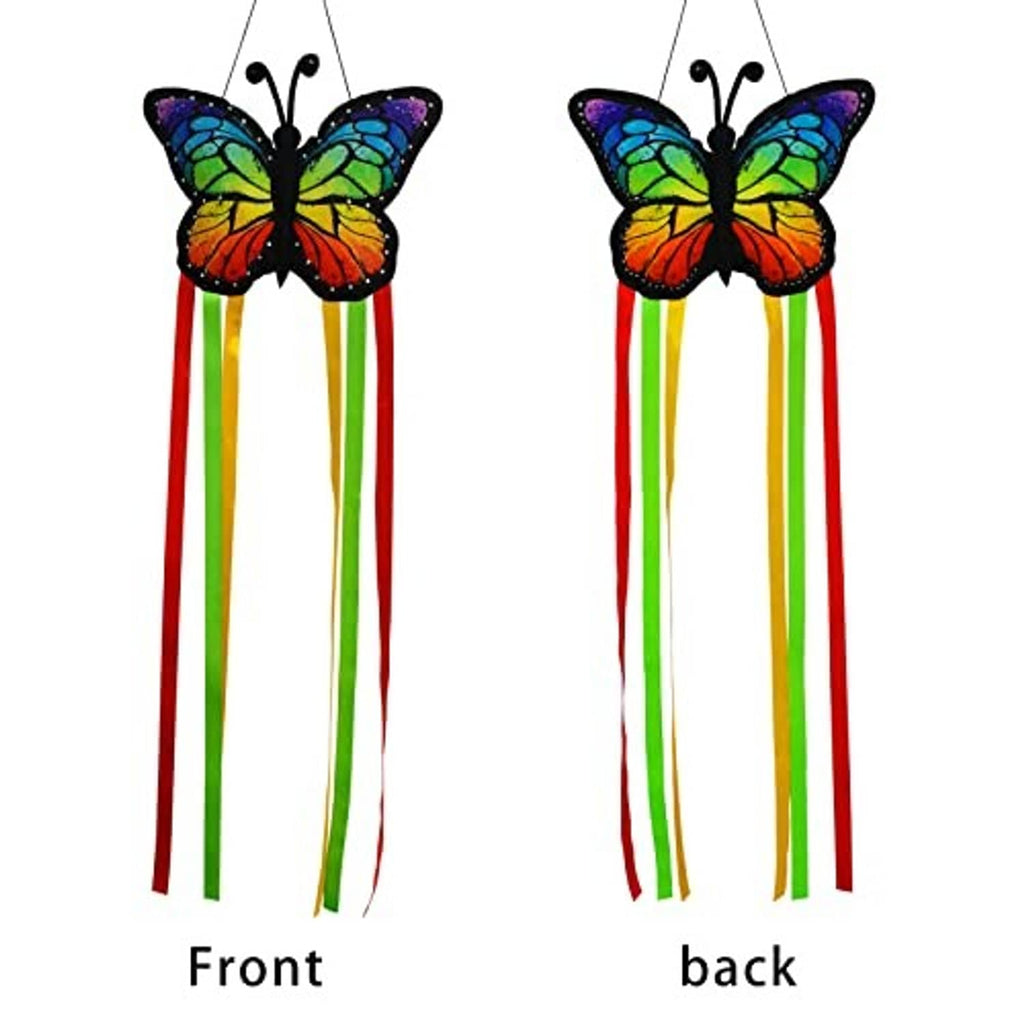 Butterfly windsock front and back views with multicolor wings and striped red, green, yellow streamers