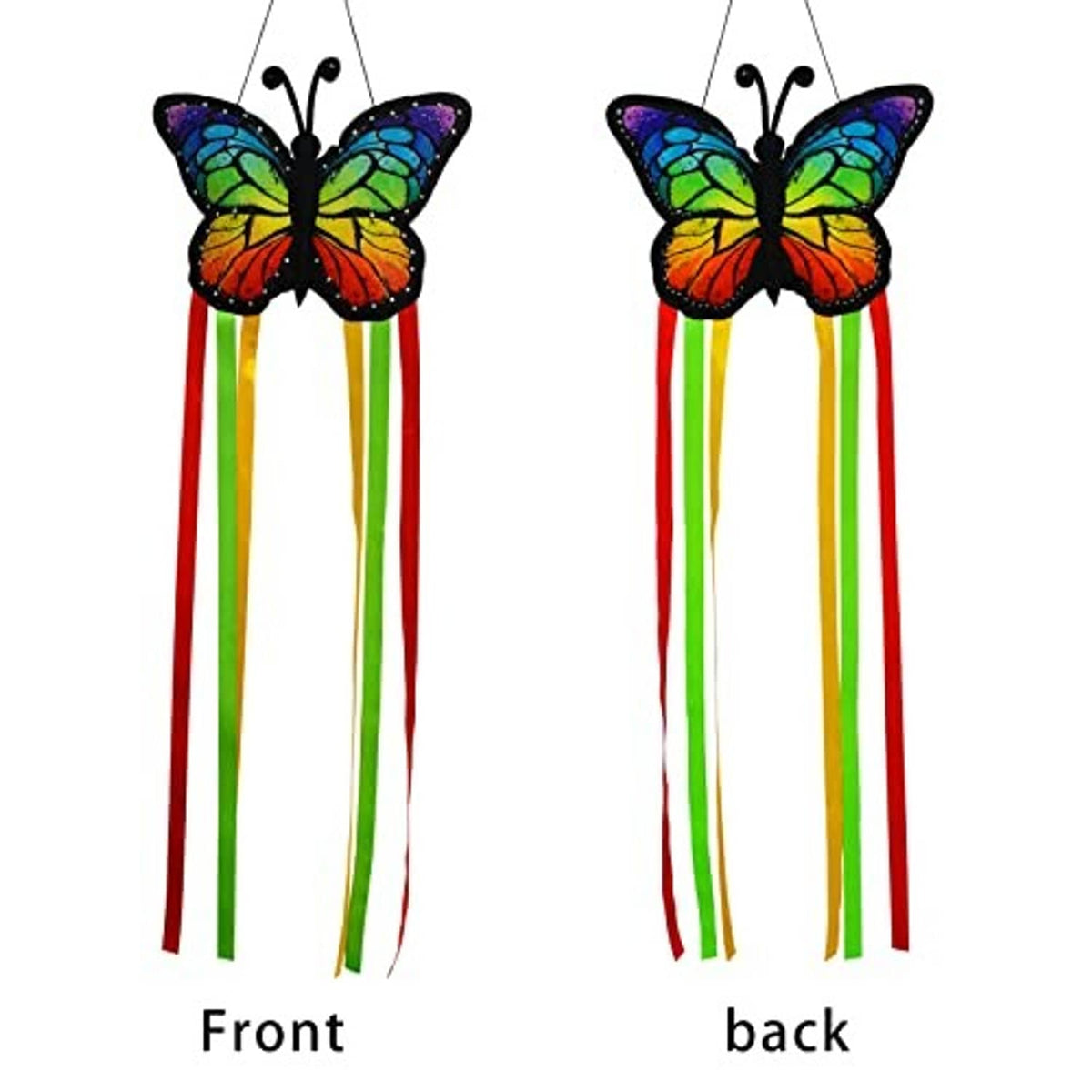 Butterfly windsock front and back views with multicolor wings and striped red, green, yellow streamers