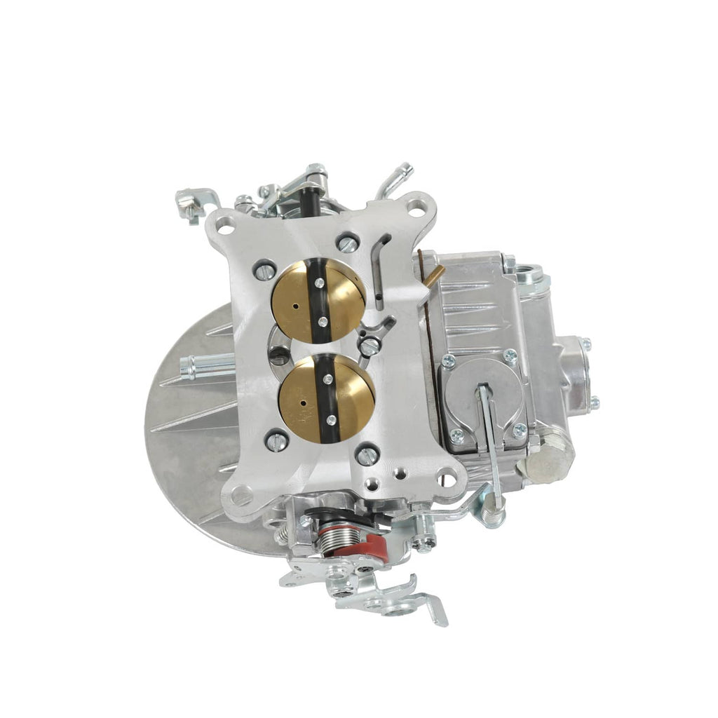2-barrel carburetor underside view with twin bores and brass-colored discs