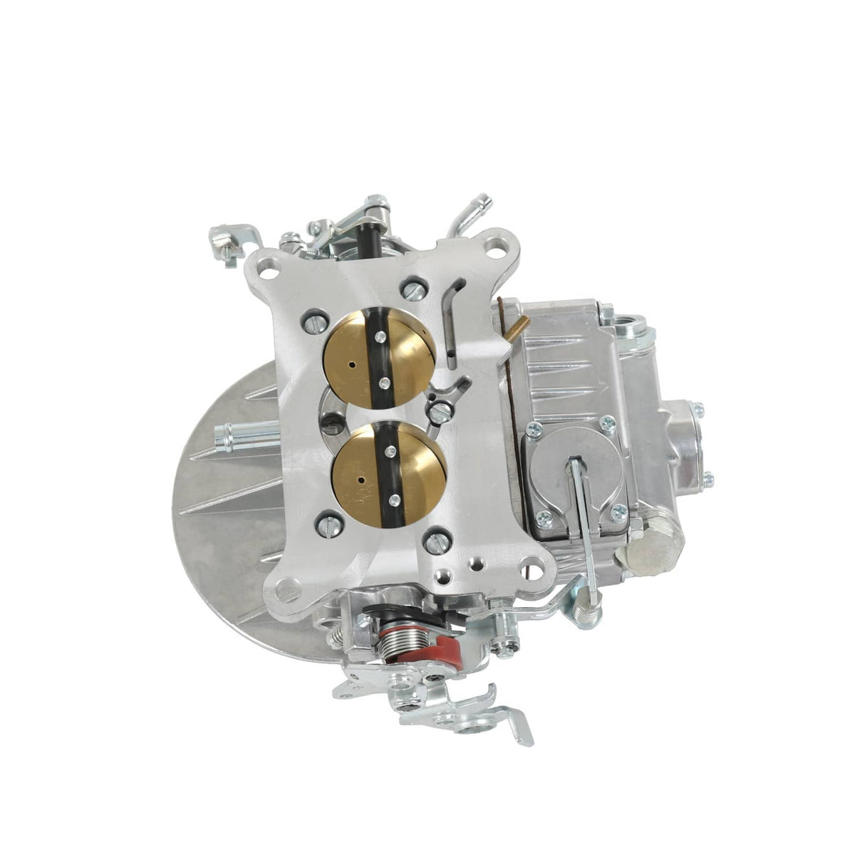 2-barrel carburetor underside view with twin bores and brass-colored discs