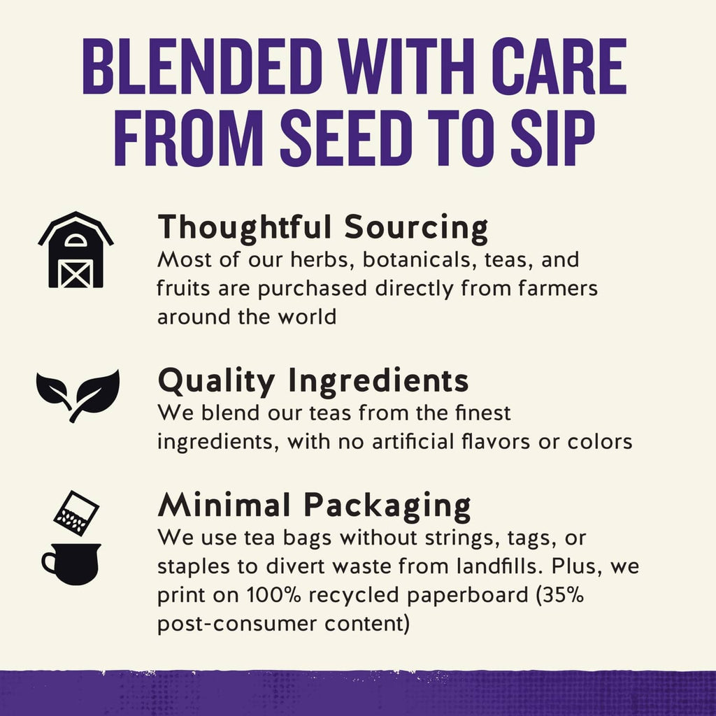 Tea packaging info: blended with care, quality ingredients, minimal packaging