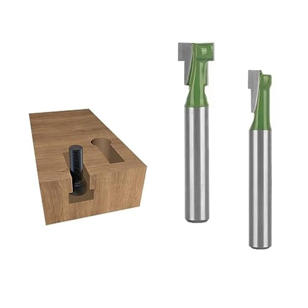 Two keyhole router bits with green heads and silver shanks beside a wood block