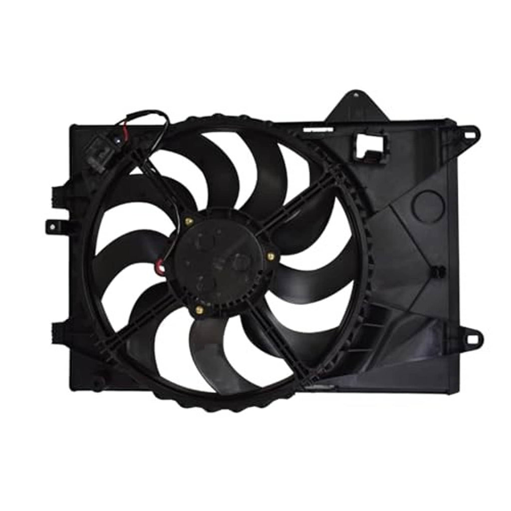 Radiator cooling fan and motor assembly in black plastic housing with wiring connector