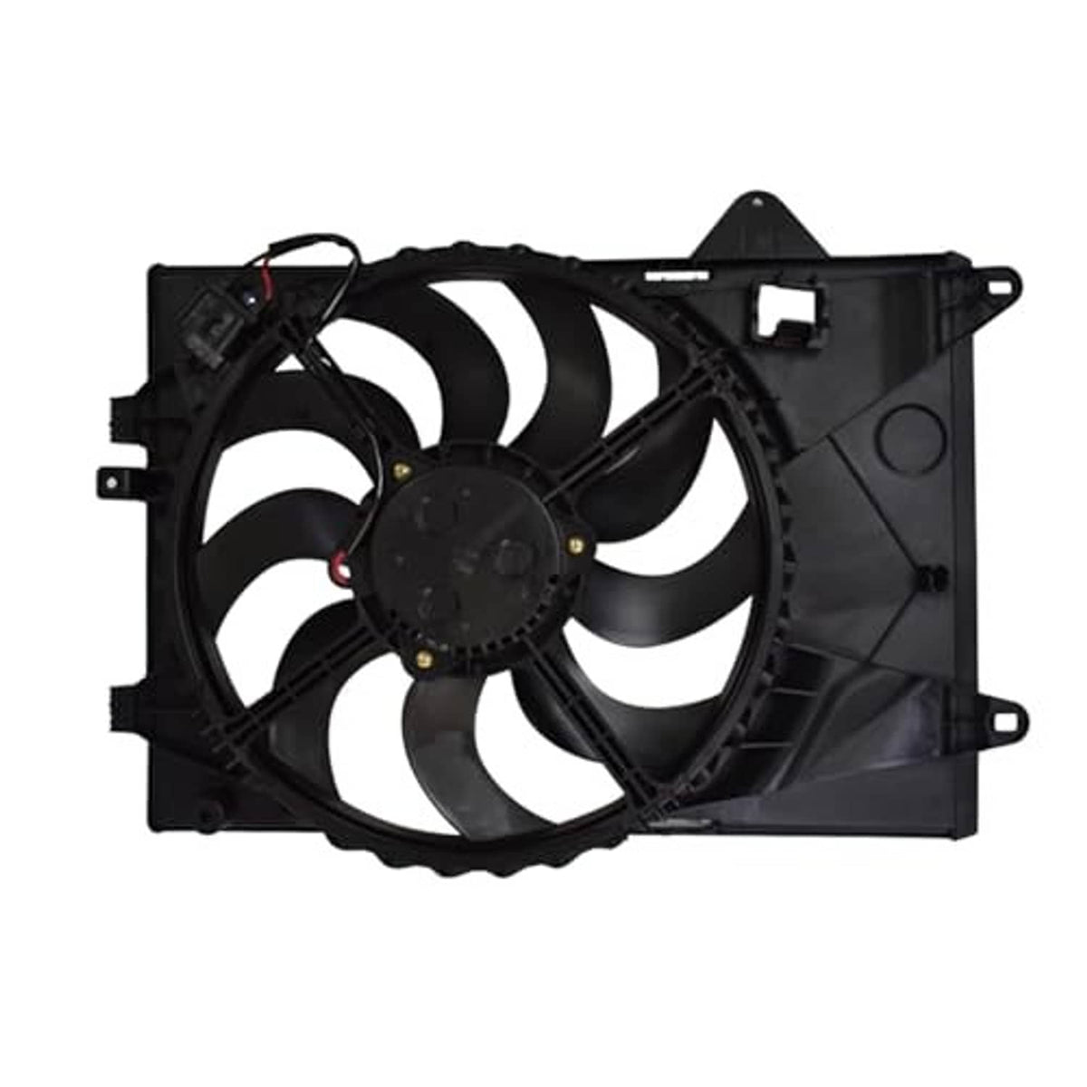 Radiator cooling fan and motor assembly in black plastic housing with wiring connector
