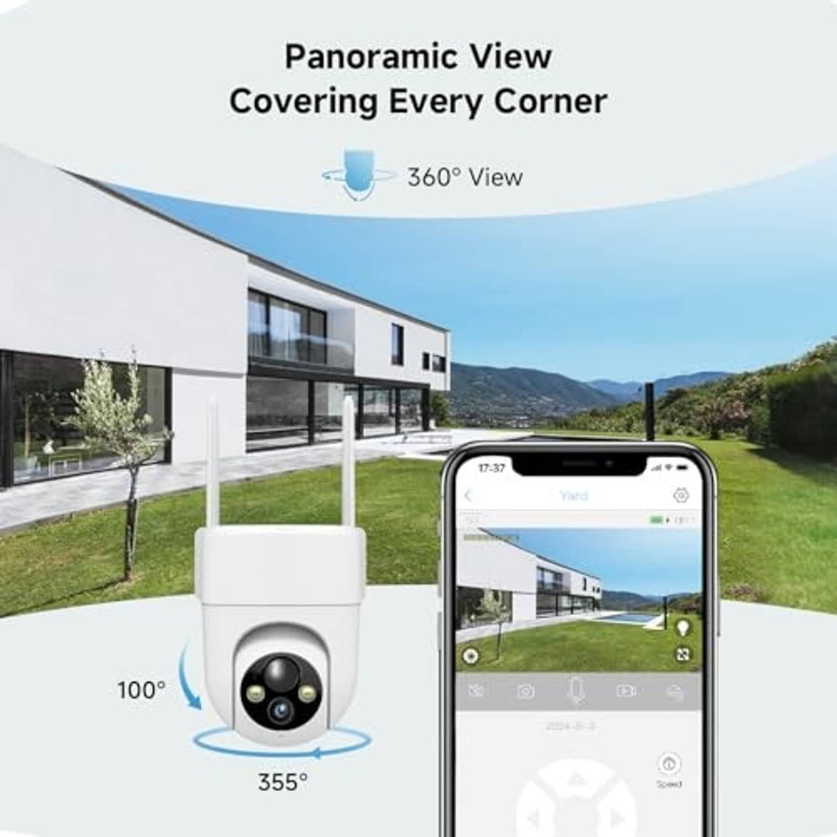Outdoor security camera with solar panel showing wide coverage angles on a smartphone