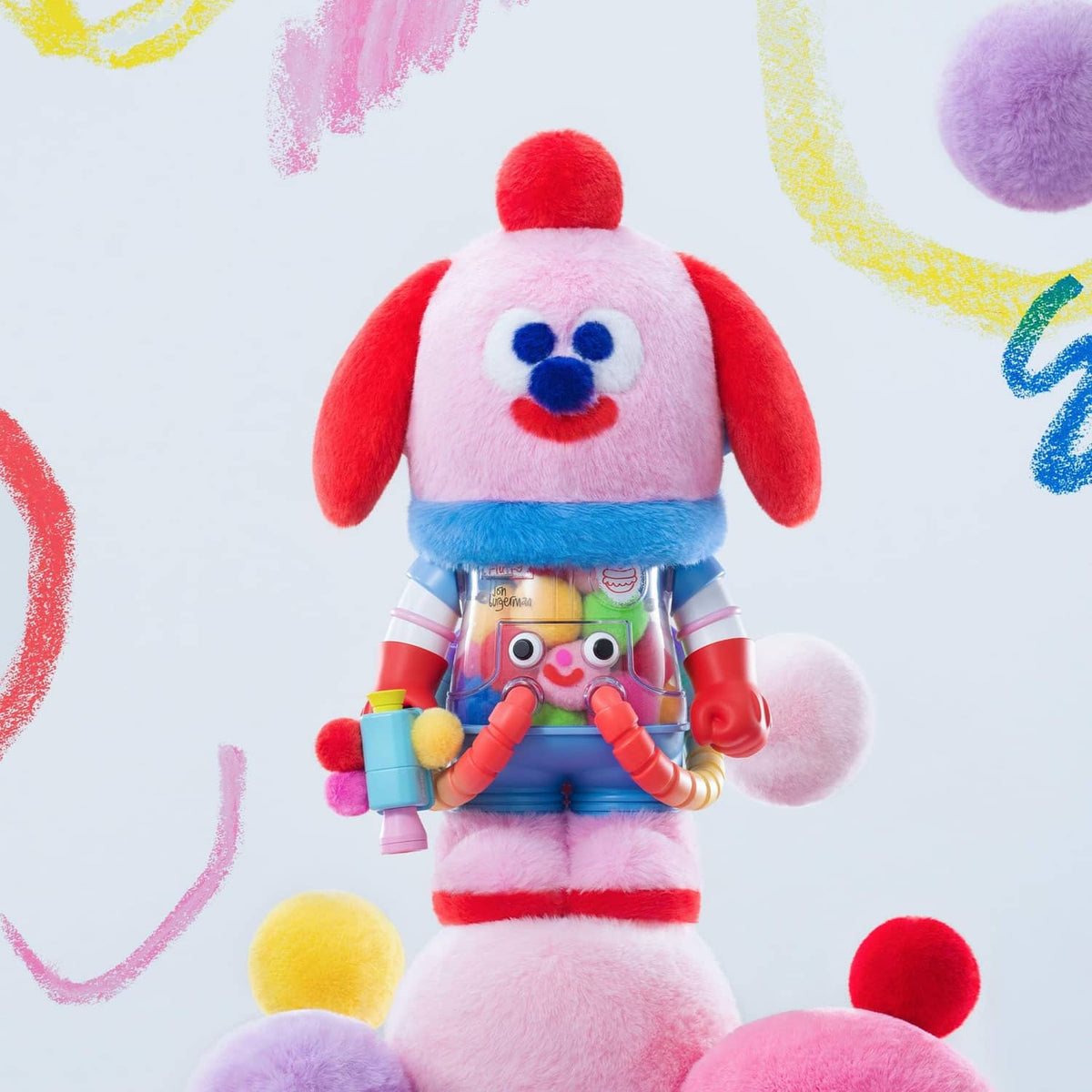 Pink plush astronaut collectible figure front view with red hood and blue belt