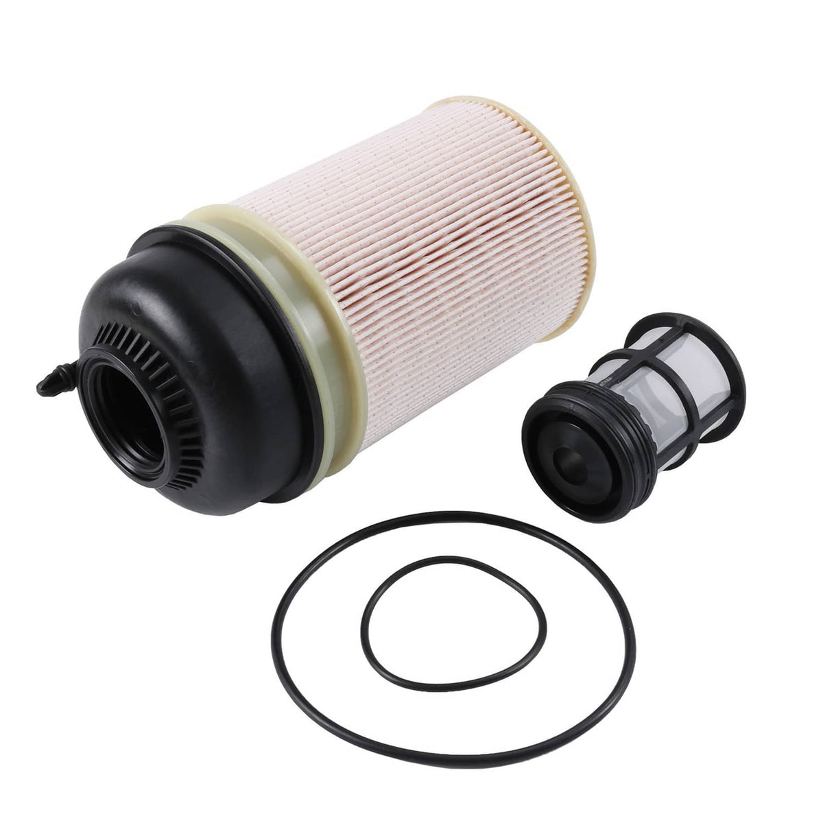 Fuel filter cartridge with black end caps, small filter housing, and seals