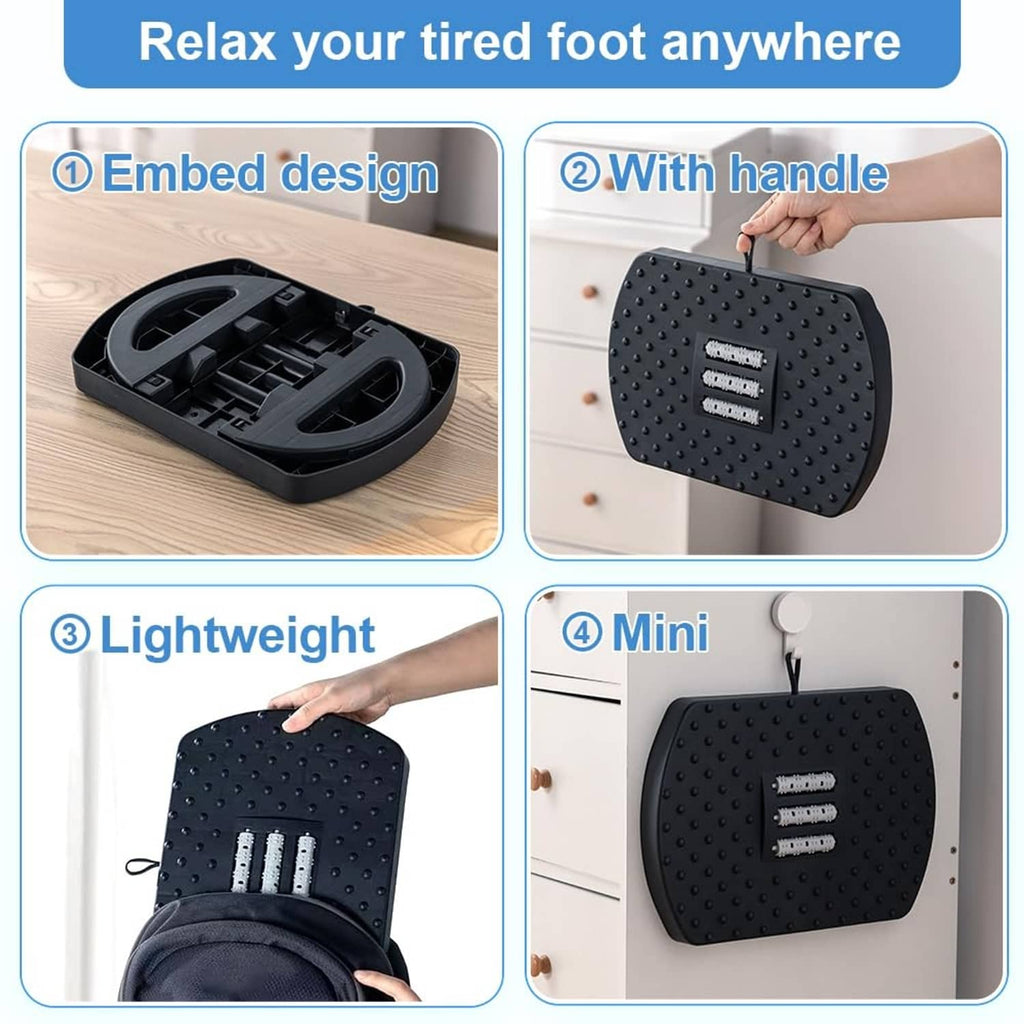 Black under-desk footrest with built-in handle and dot-textured massage surface