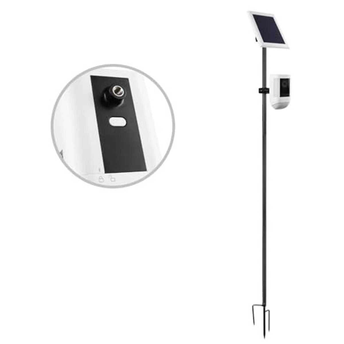 Ground stake mount stand with close-up screw plate and solar panel bracket
