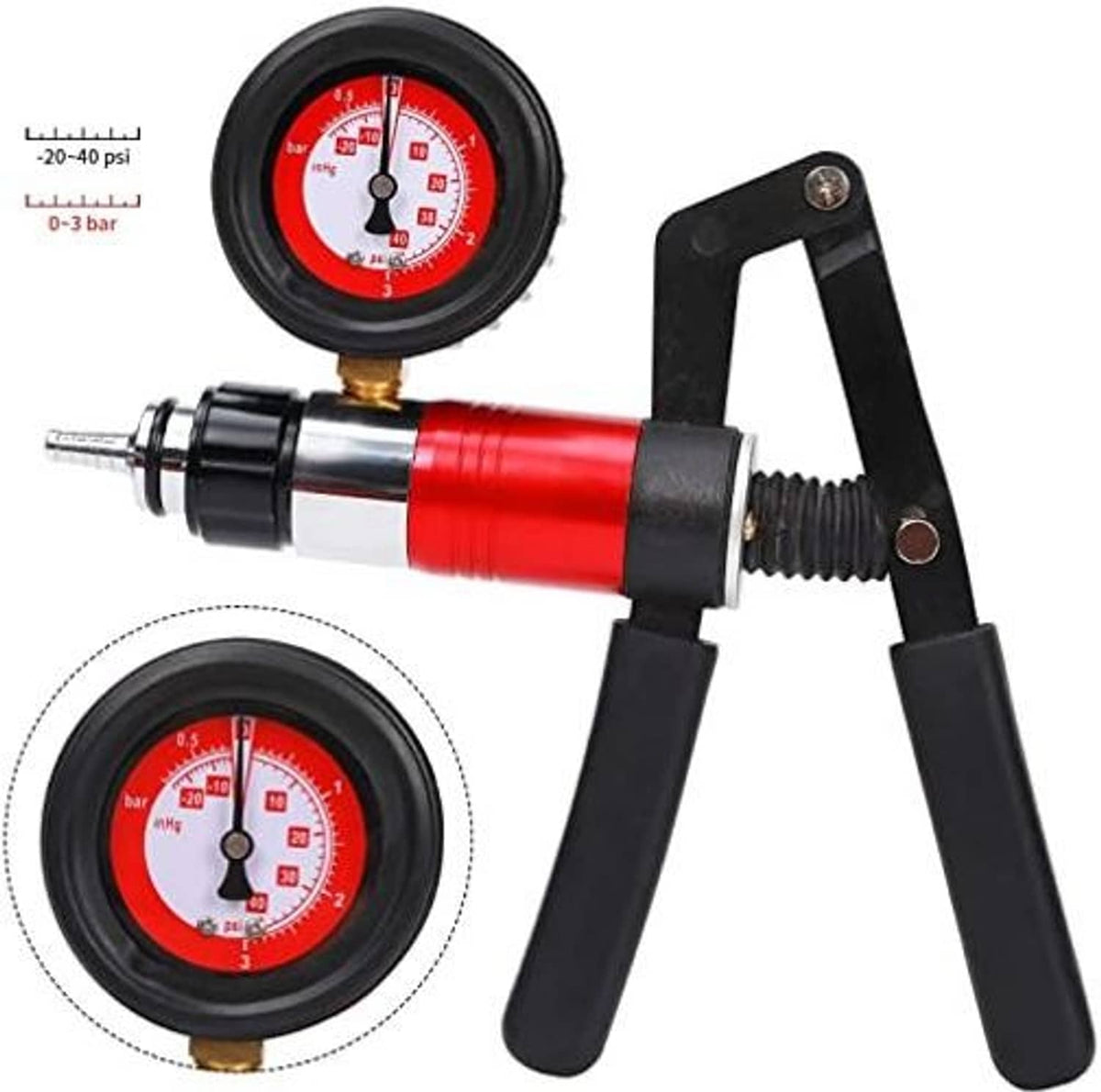 Brake bleeding pressure gauge with red pump handle and black clamp stand