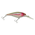 Fishing crankbait lure with chrome body and red clown face, clear lip, two treble hooks