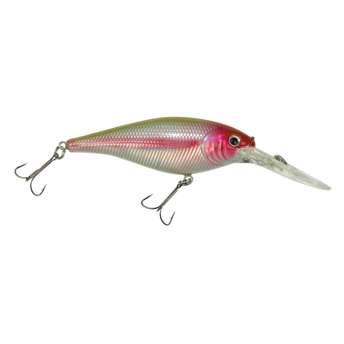 Fishing crankbait lure with chrome body and red clown face, clear lip, two treble hooks