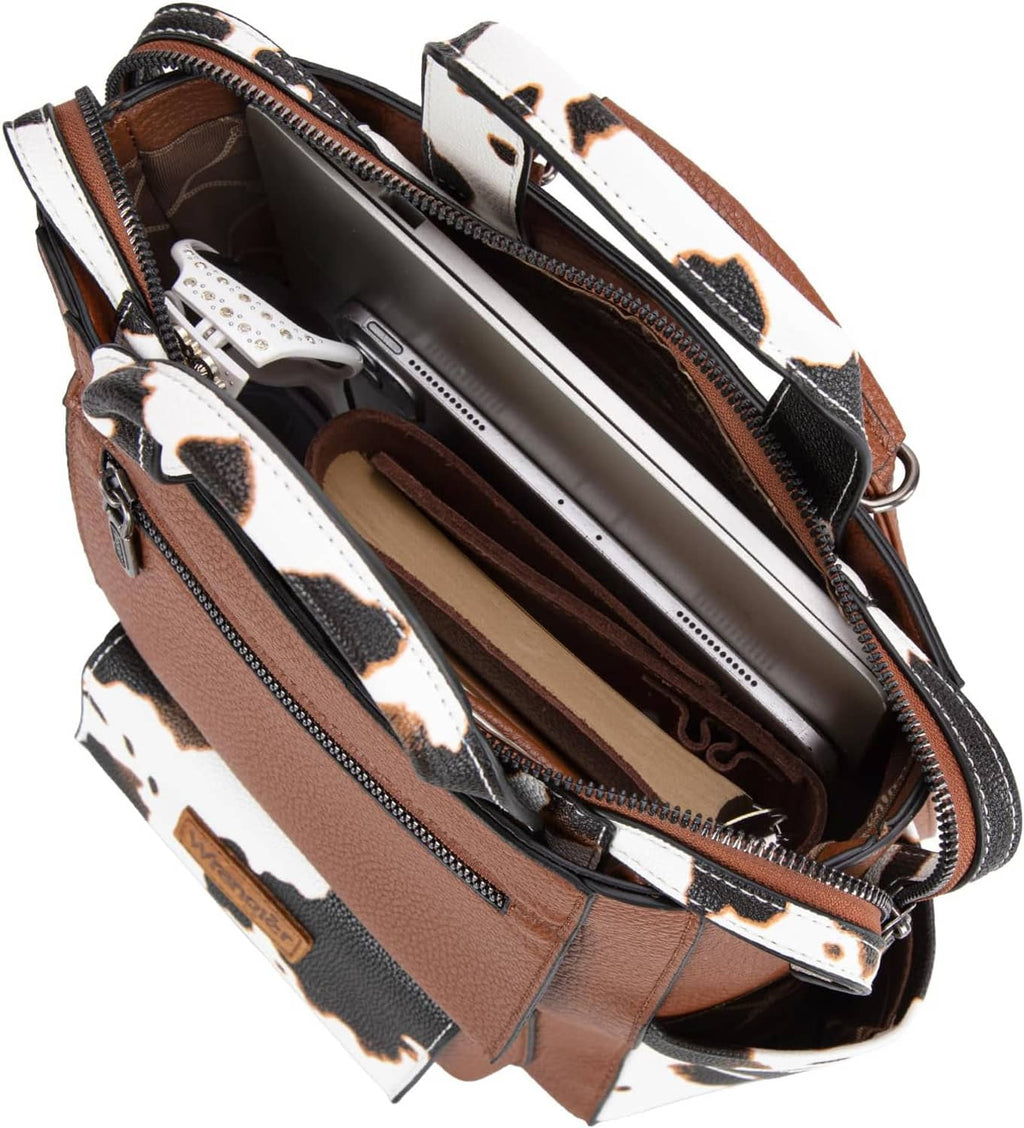 Convertible backpack purse open to show lined interior and zip pockets