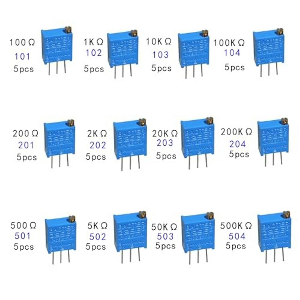 Set of blue trimmer potentiometers with printed resistance values and five-pin bases
