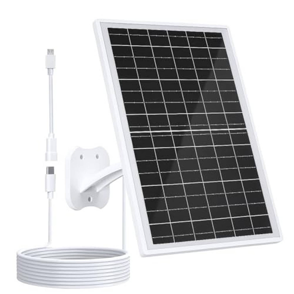 Solar panel charger kit with black solar panel, white wall mount bracket, and power cable