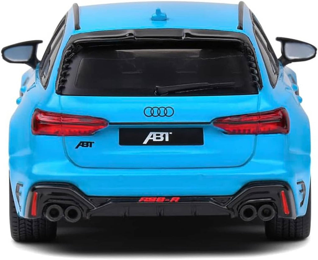 Blue ABT-tuned Audi RS6 die-cast model car, rear close-up with taillights and exhaust
