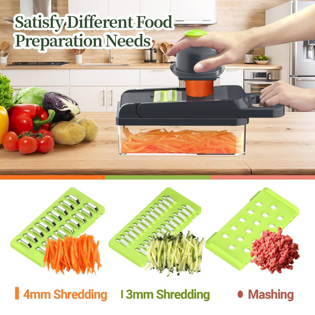 Vegetable chopper slicing carrots and shredding with green blade attachments over container