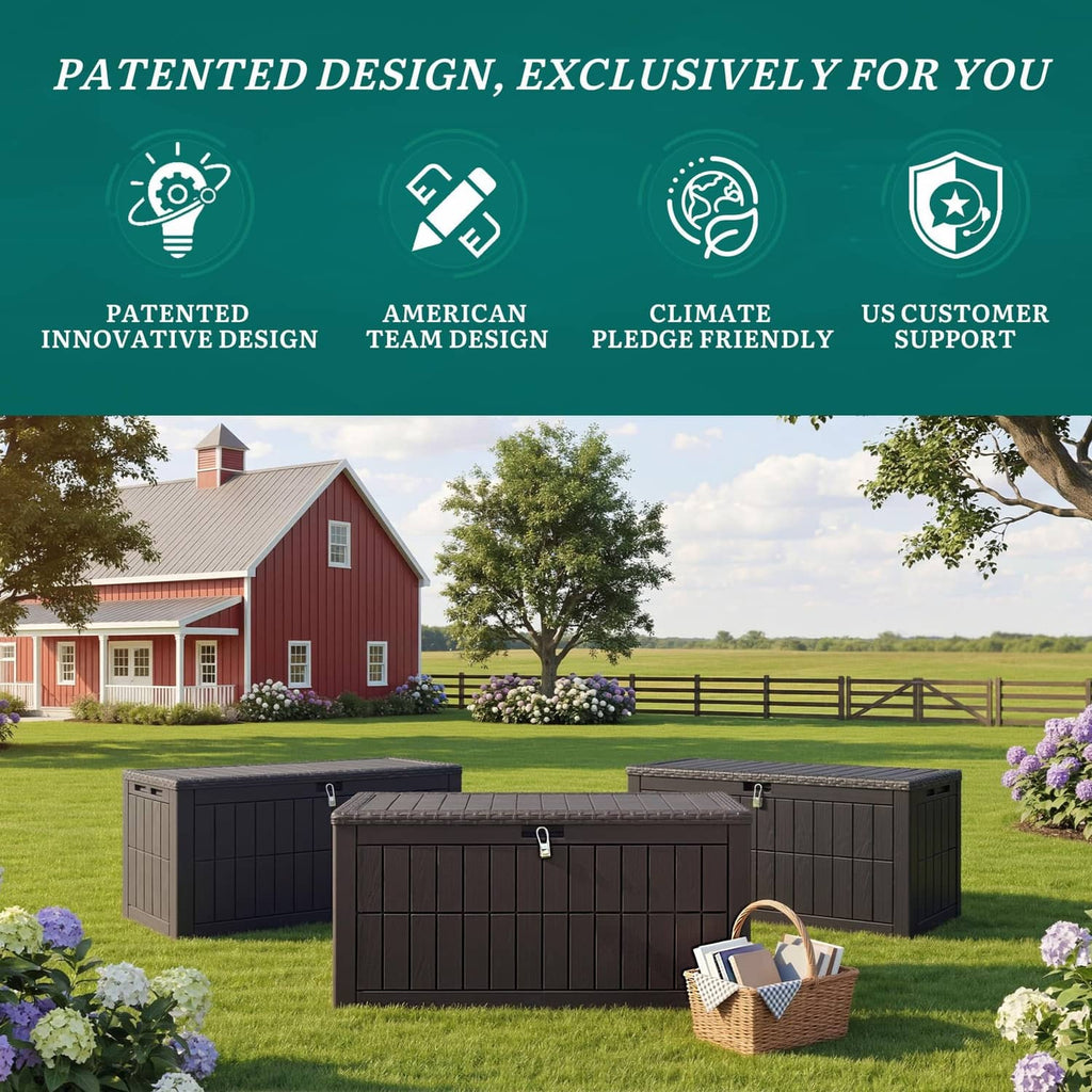 Dark gray outdoor deck storage box set with hinged lid and front latch