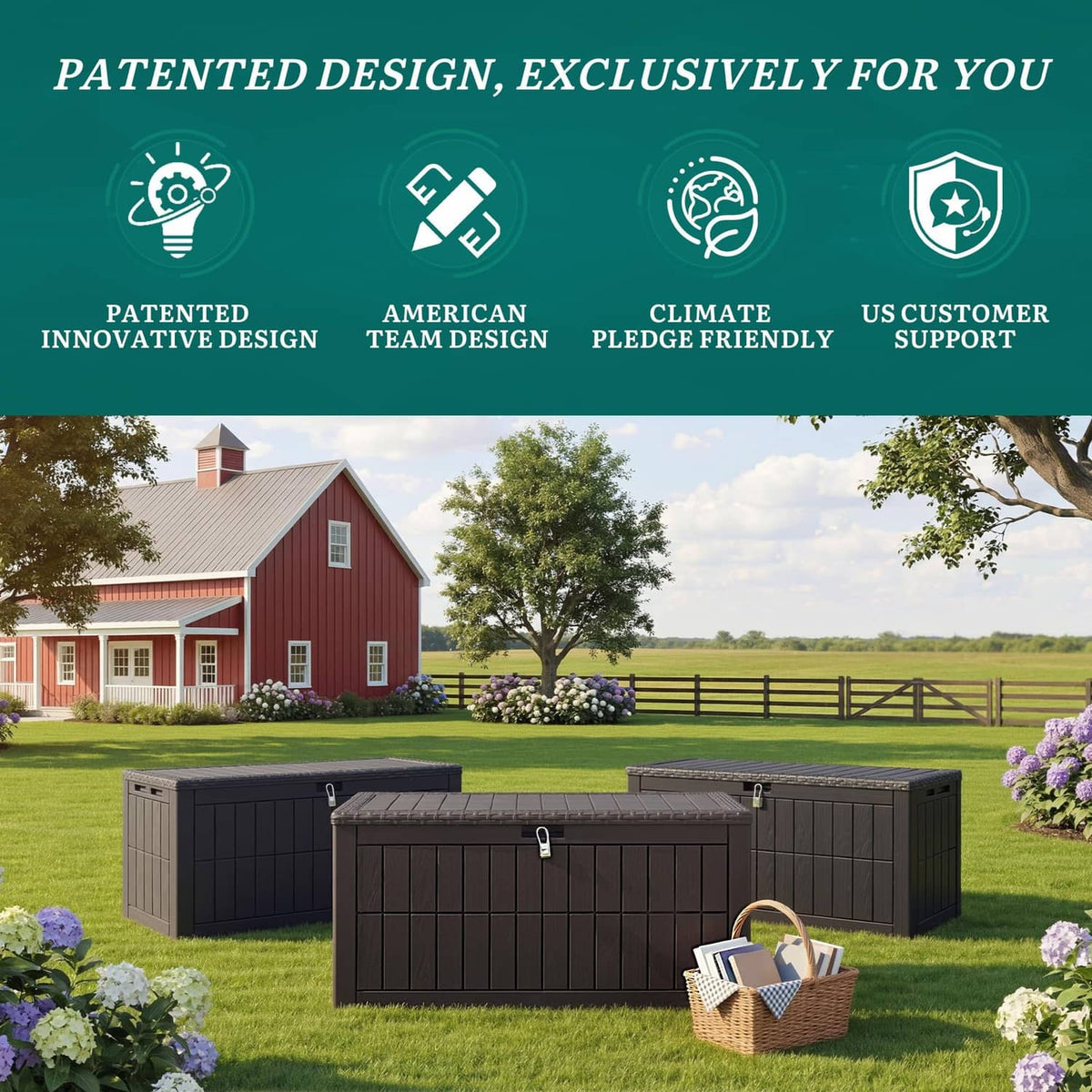 Dark gray outdoor deck storage box set with hinged lid and front latch
