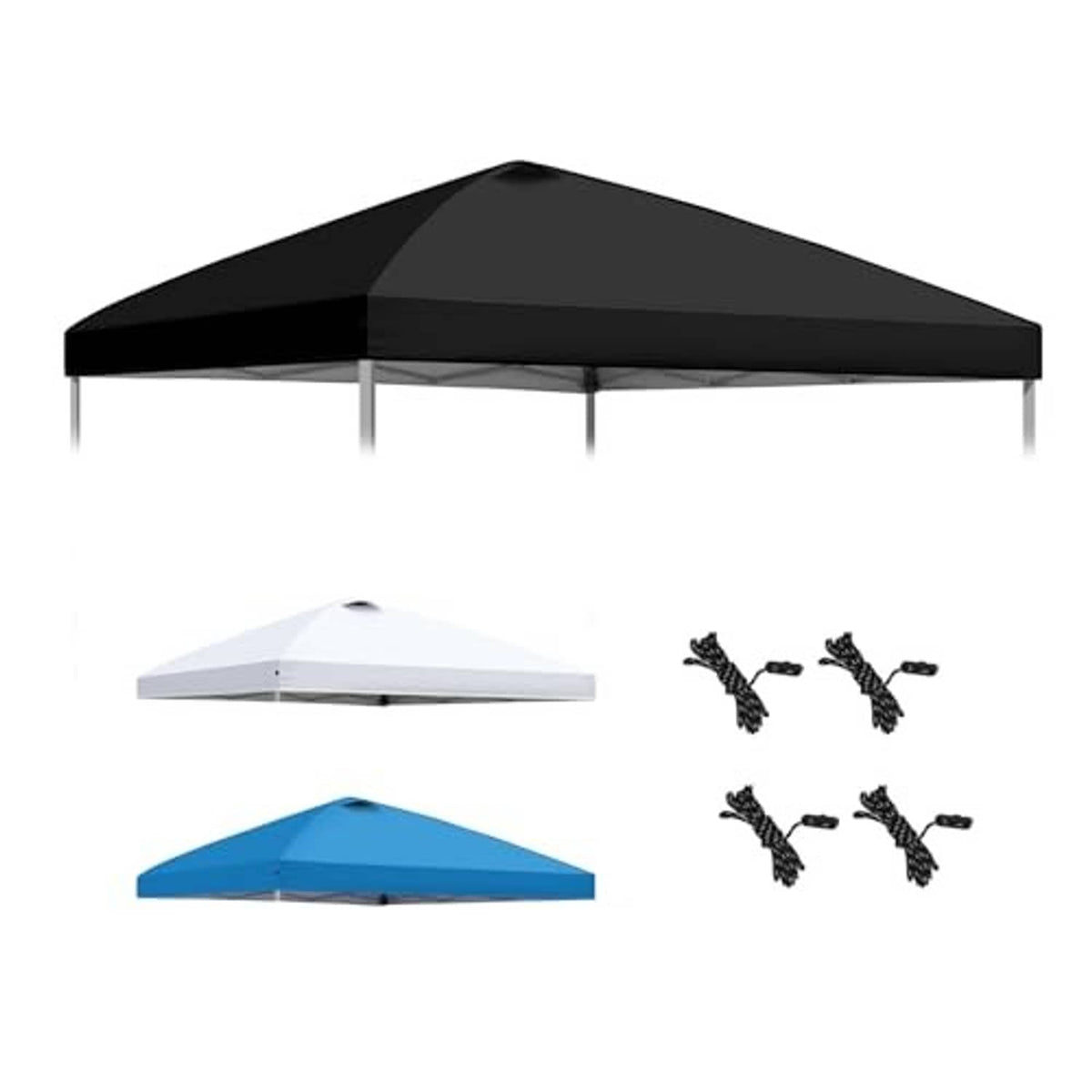 Black 10x10 canopy top with peaked roof, shown with fasteners and rope clips