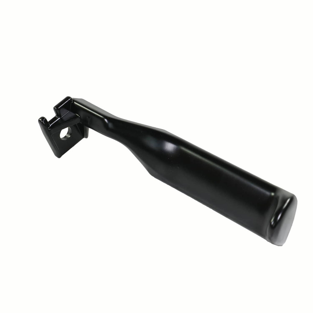 Black metal inside door handle with mounting bracket, angled view
