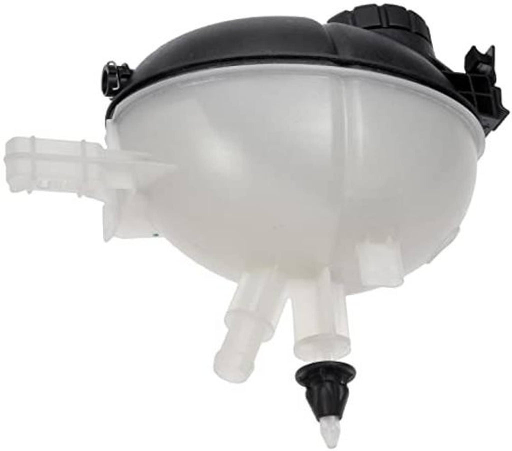 Pressurized coolant reservoir with black cap and translucent white body with outlet