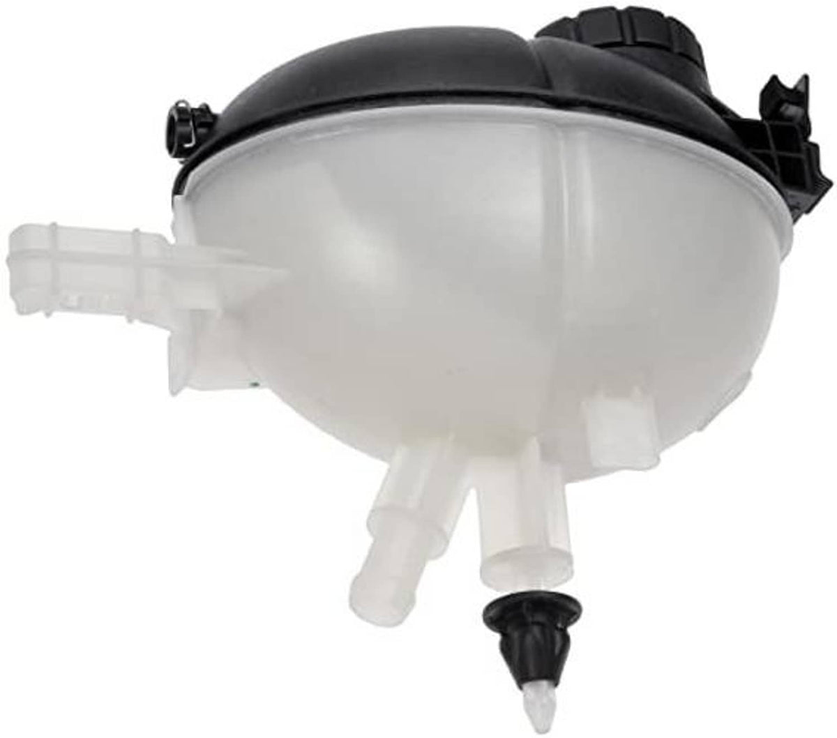 Pressurized coolant reservoir with black cap and translucent white body with outlet