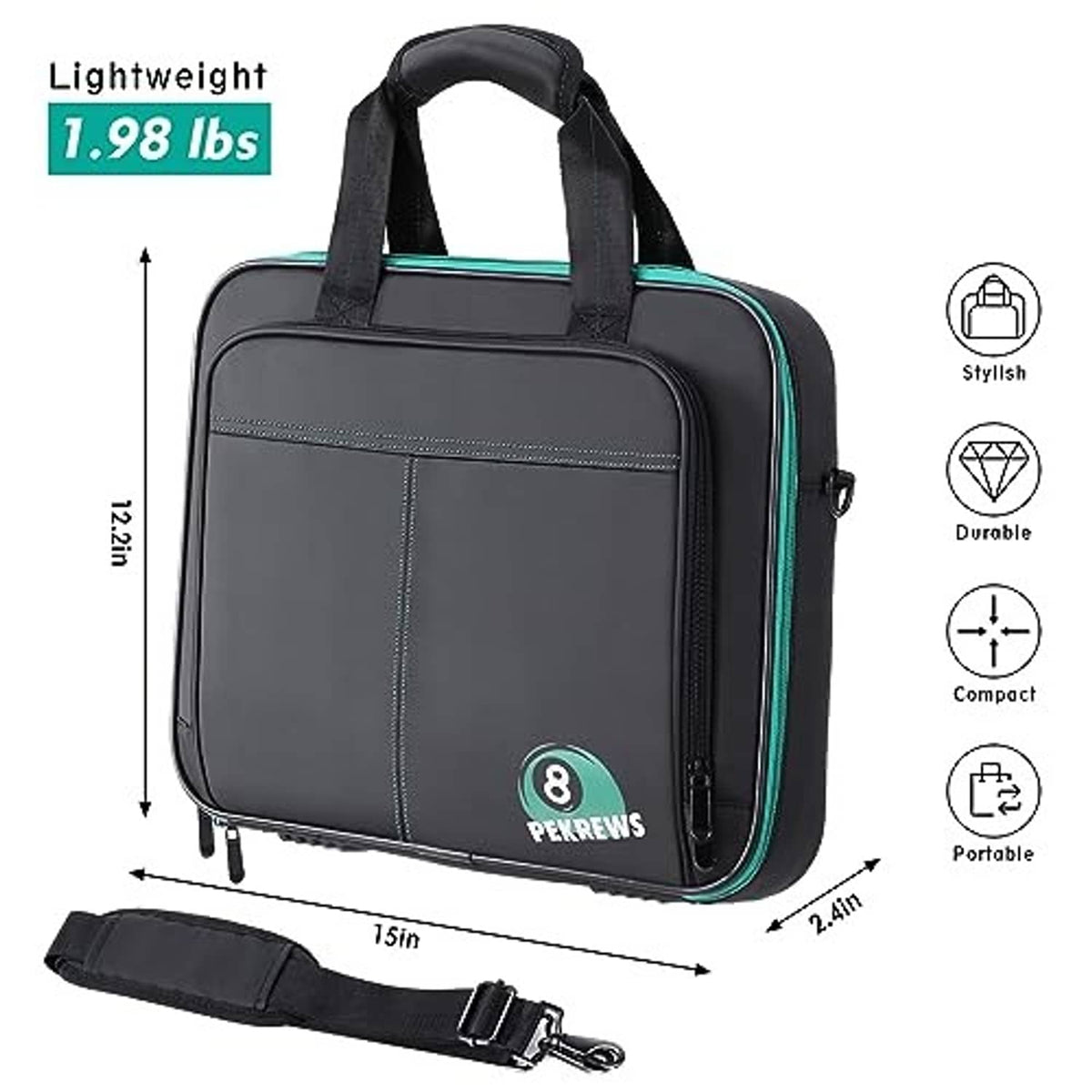 Lightweight padded billiard ball case with top handle and adjustable shoulder strap