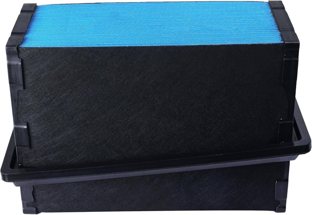 Truck engine air filter with blue top media and black lower base frame