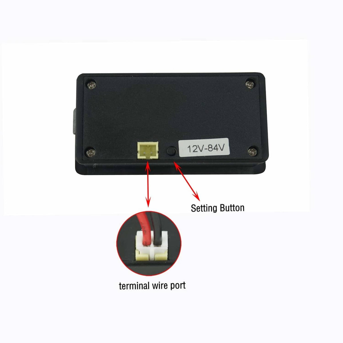 Black rear view of battery meter showing 12V-84V label, setting button, and terminal port