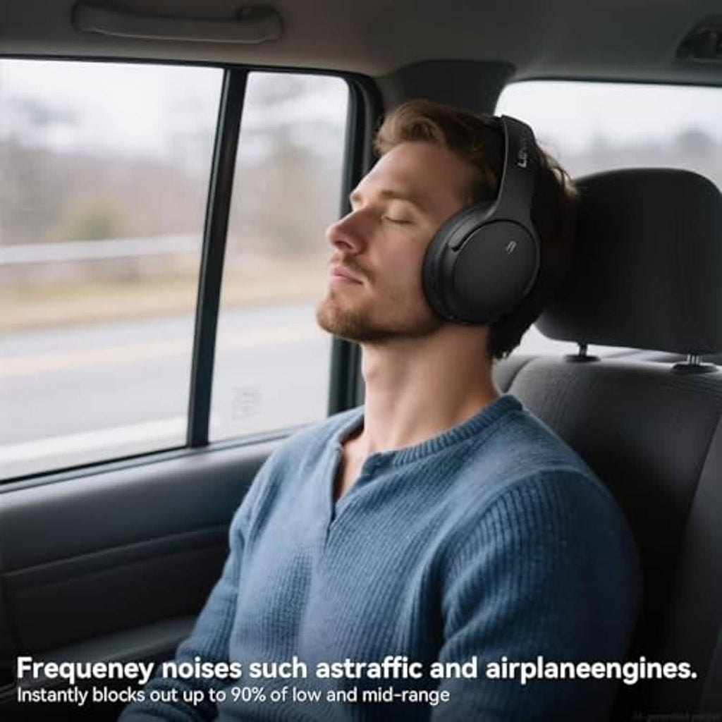 Black over-ear wireless active noise cancelling headphones worn by a person in a car