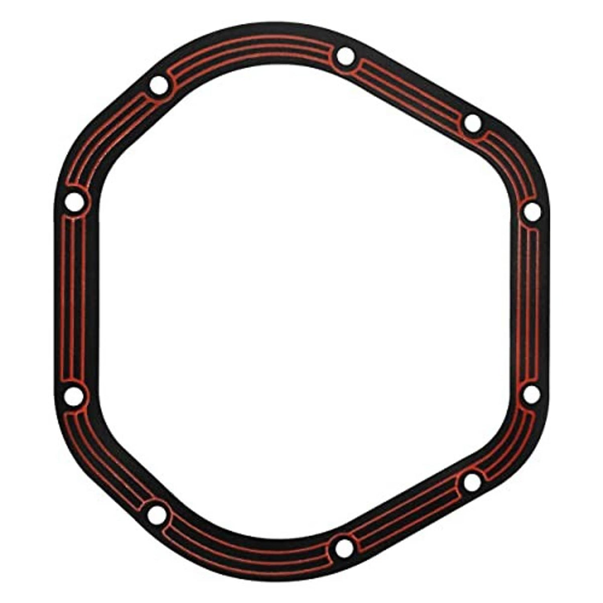 Differential cover gasket, black with red stripes and bolt holes, octagon shape