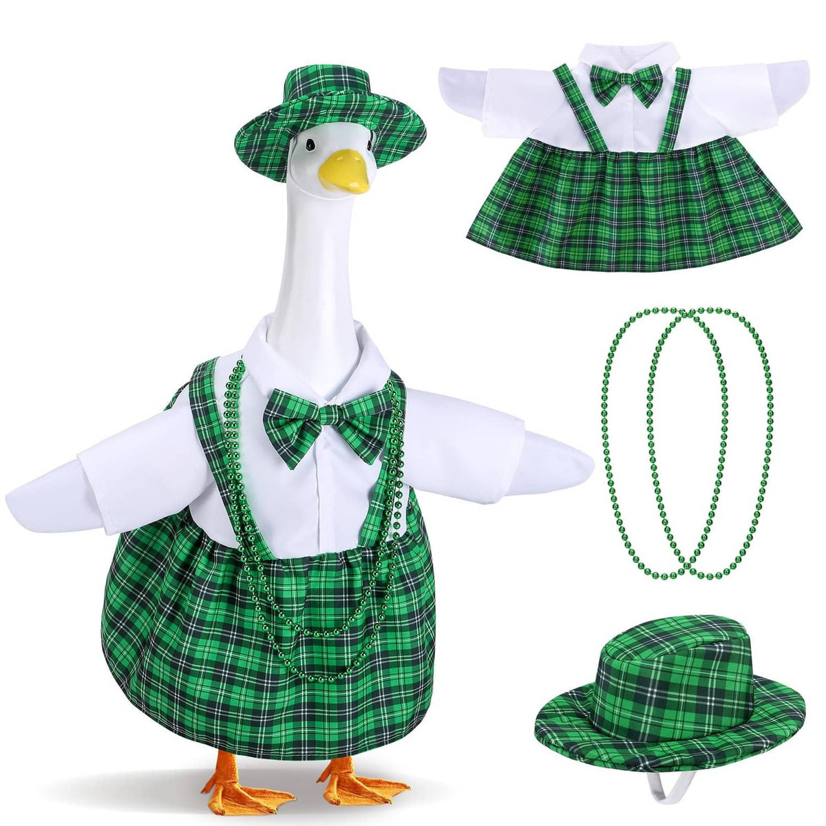 St. Patrick's Day goose costume set: green plaid top hat, bow tie dress, bead chains