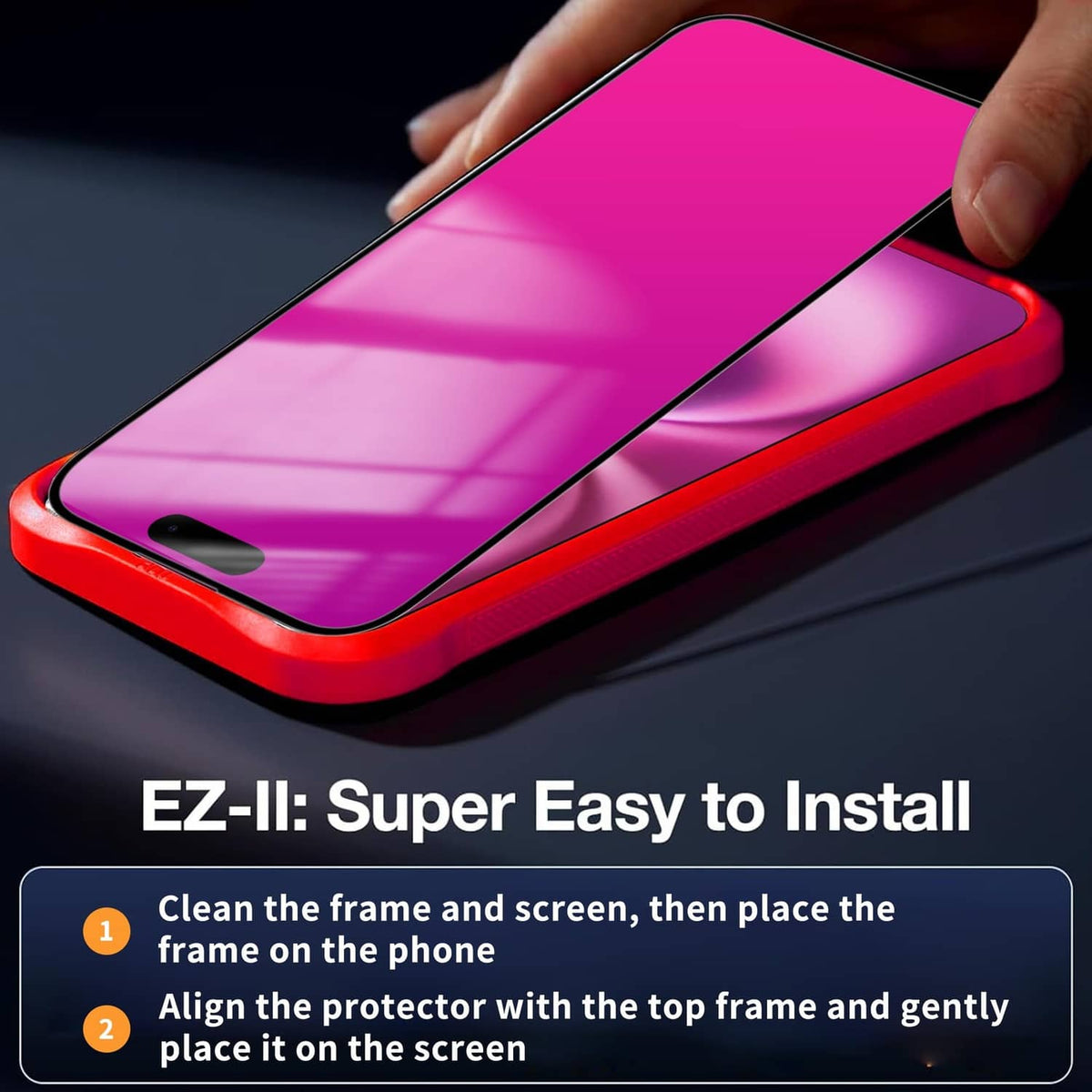 Pink privacy screen protector with curved glass edge, easy alignment on phone