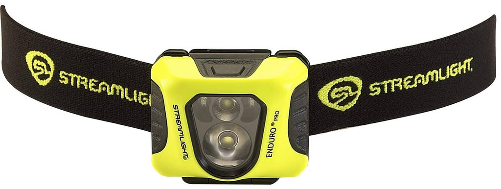 Yellow headlamp on black elastic strap, front dual-lens LED light