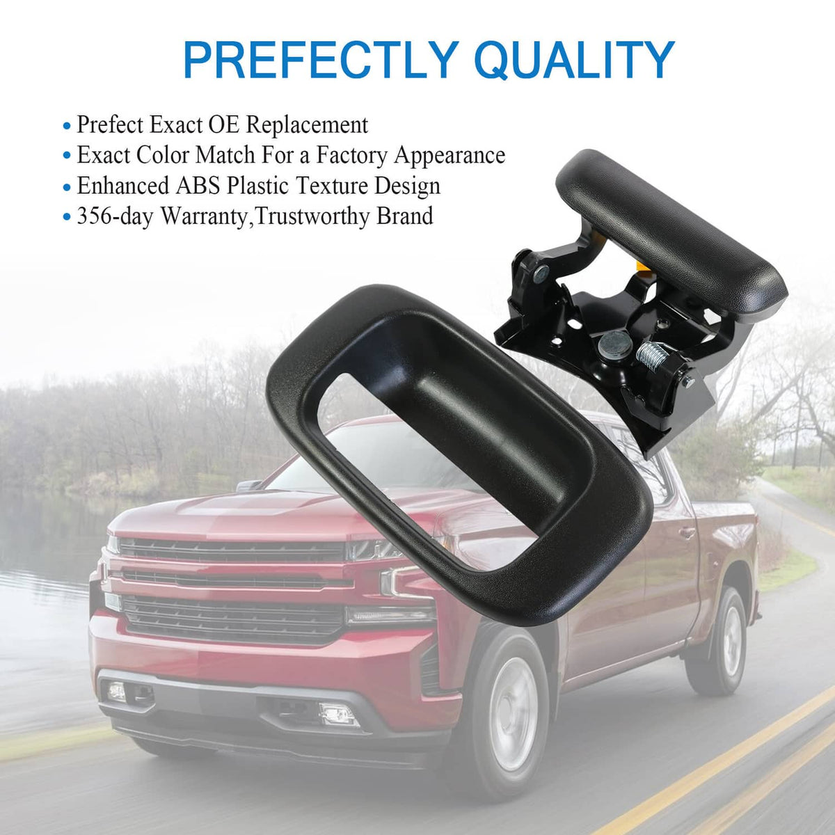 Black tailgate handle and bezel on a pickup truck rear, textured finish