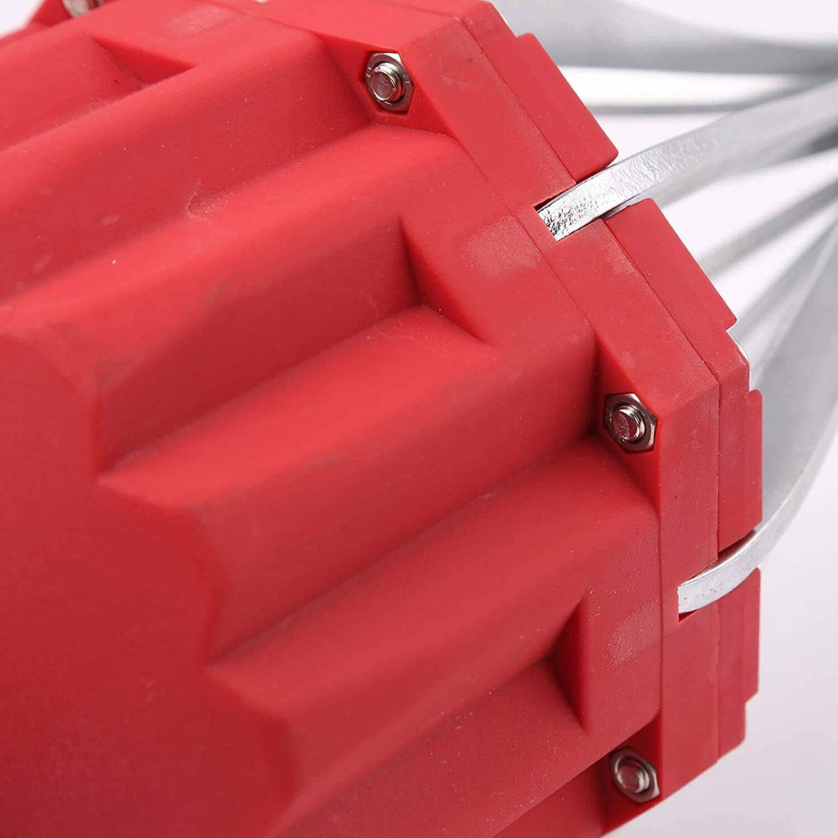 Red pneumatic boot expander tool head with mounting screws and silver spreader plates
