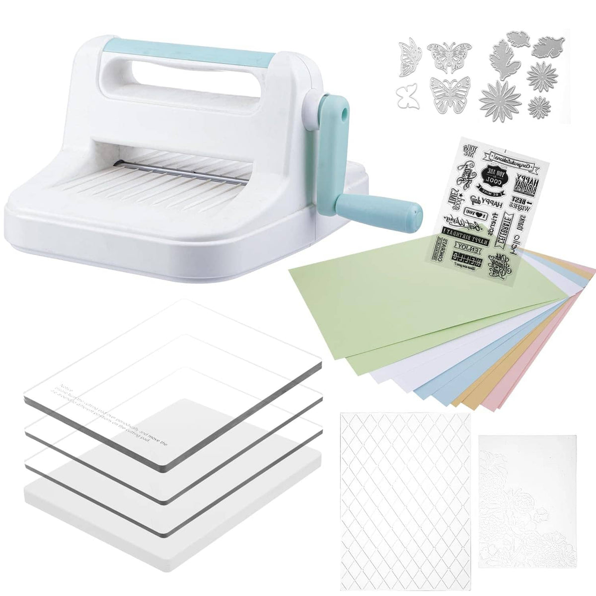 Manual die cutting machine with blue lever and cardstock sheets, plus butterfly dies.