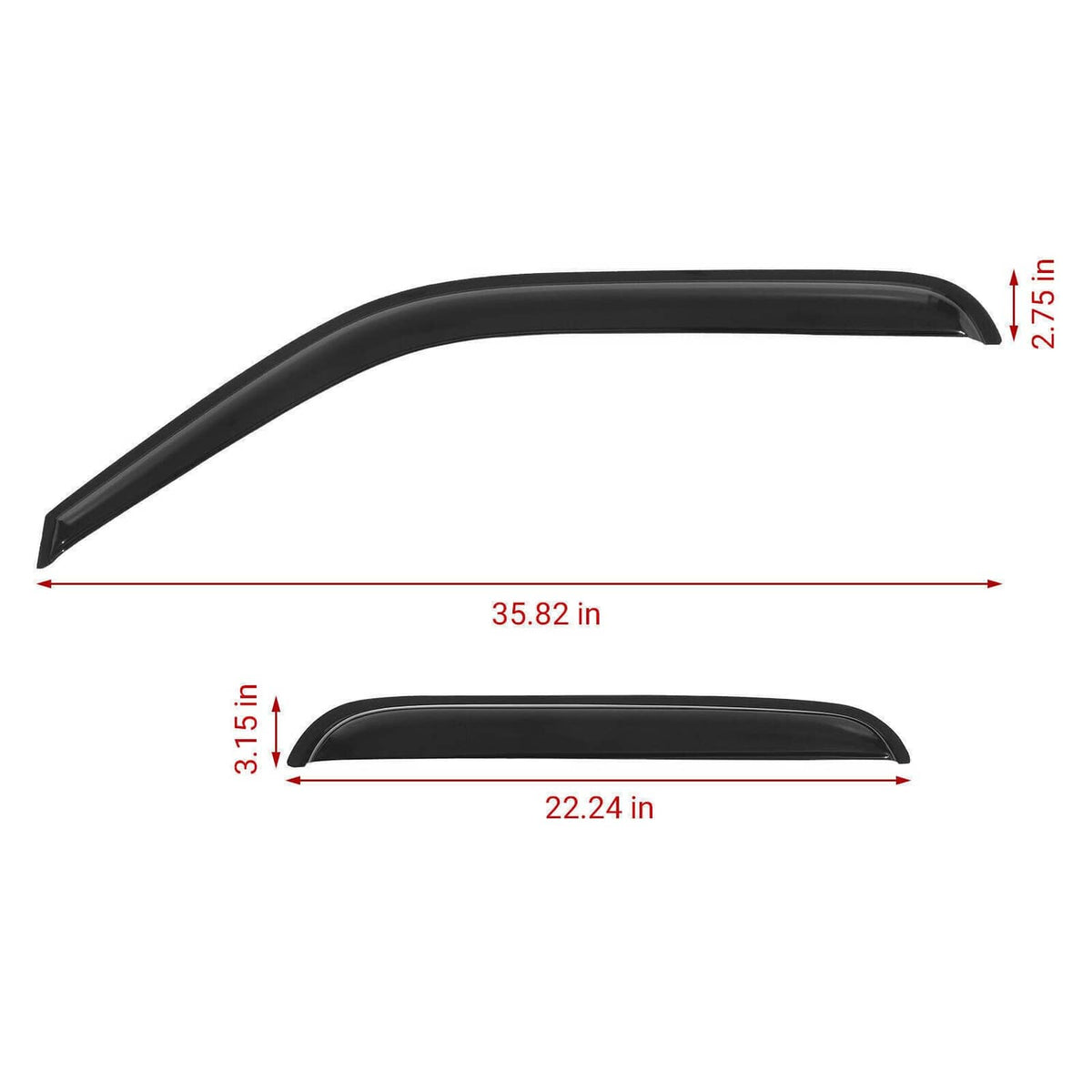Set of black window visors with curved profile, shown with measurement lines