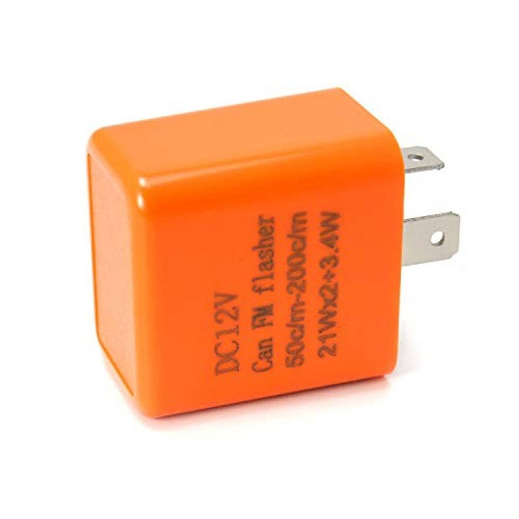 Orange 2-pin flasher relay rear view with printed label area and two mounting tabs