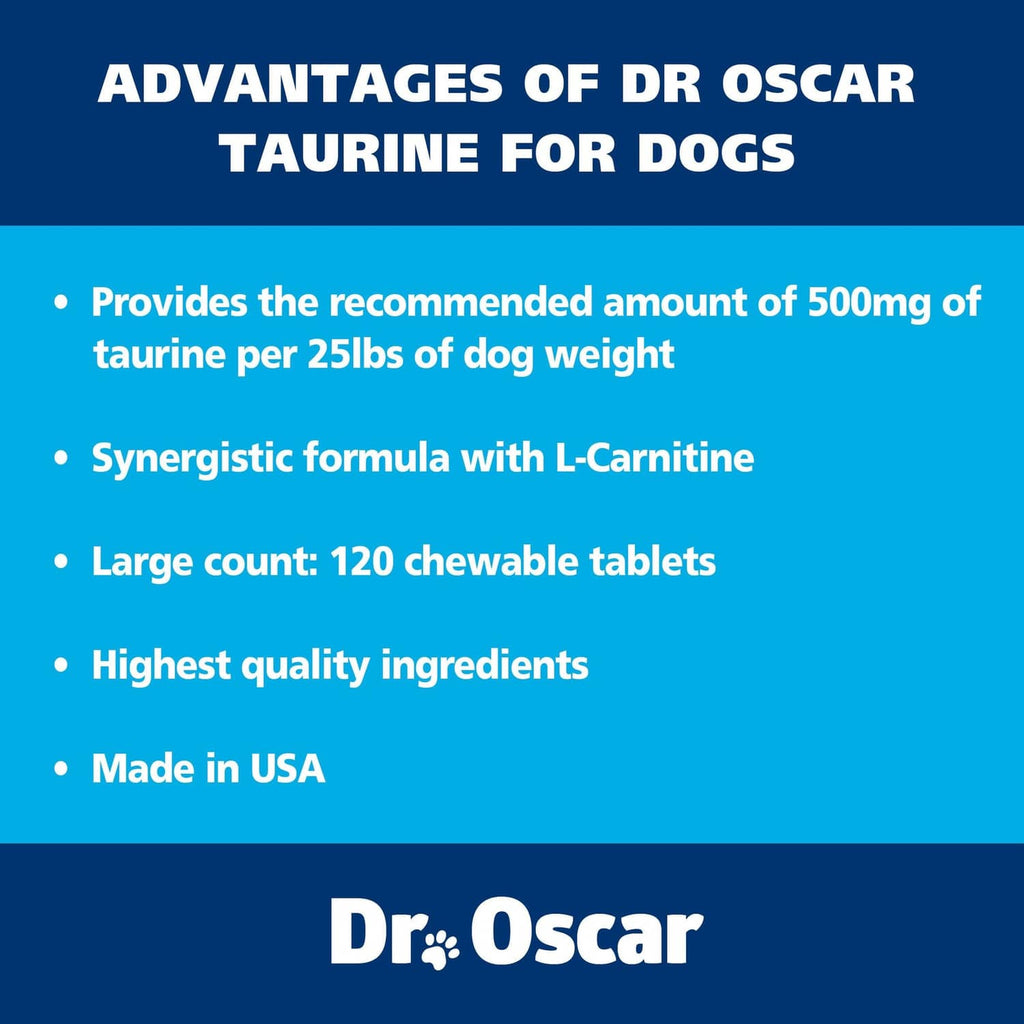 Dr. Oscar taurine for dogs advantages panel with bullet points and brand name