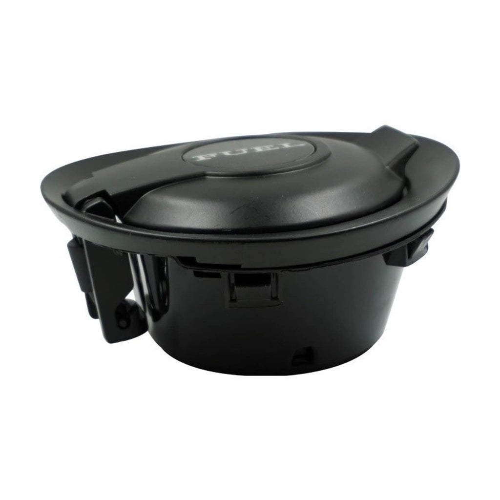 Matte black fuel gas door cover with open lid and visible locking brackets